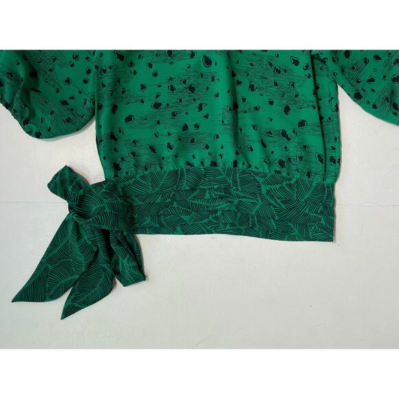 Vintage 80's SUSAN FREIS Green Puff Sleeve Patterned Top / Sz XS / Georgette - Picture 7 of 8